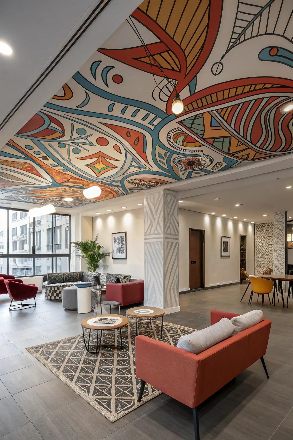 A modern room featuring dynamic painted patterns on the ceiling.