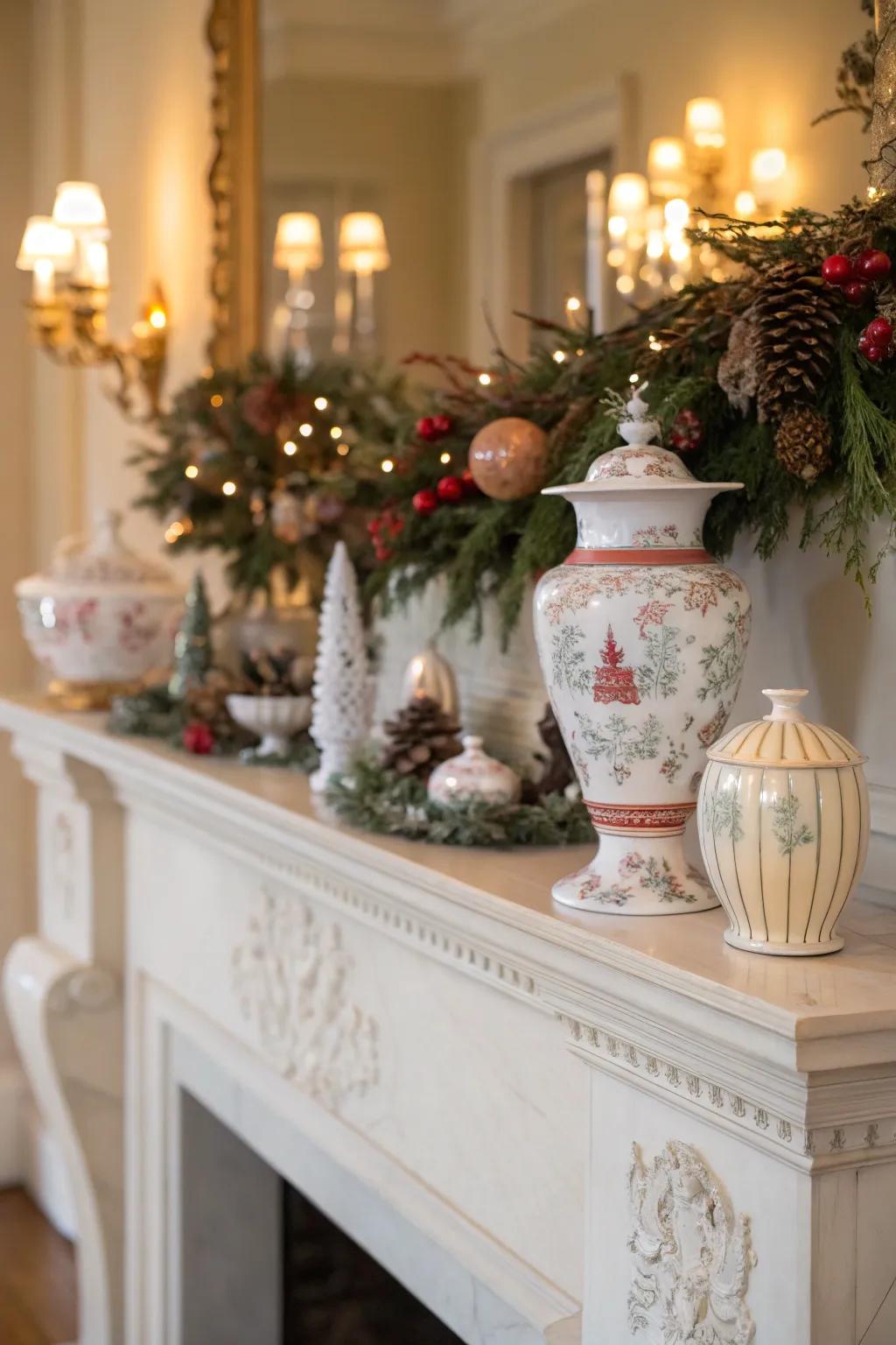 A mantel creatively decorated with china and seasonal elements.