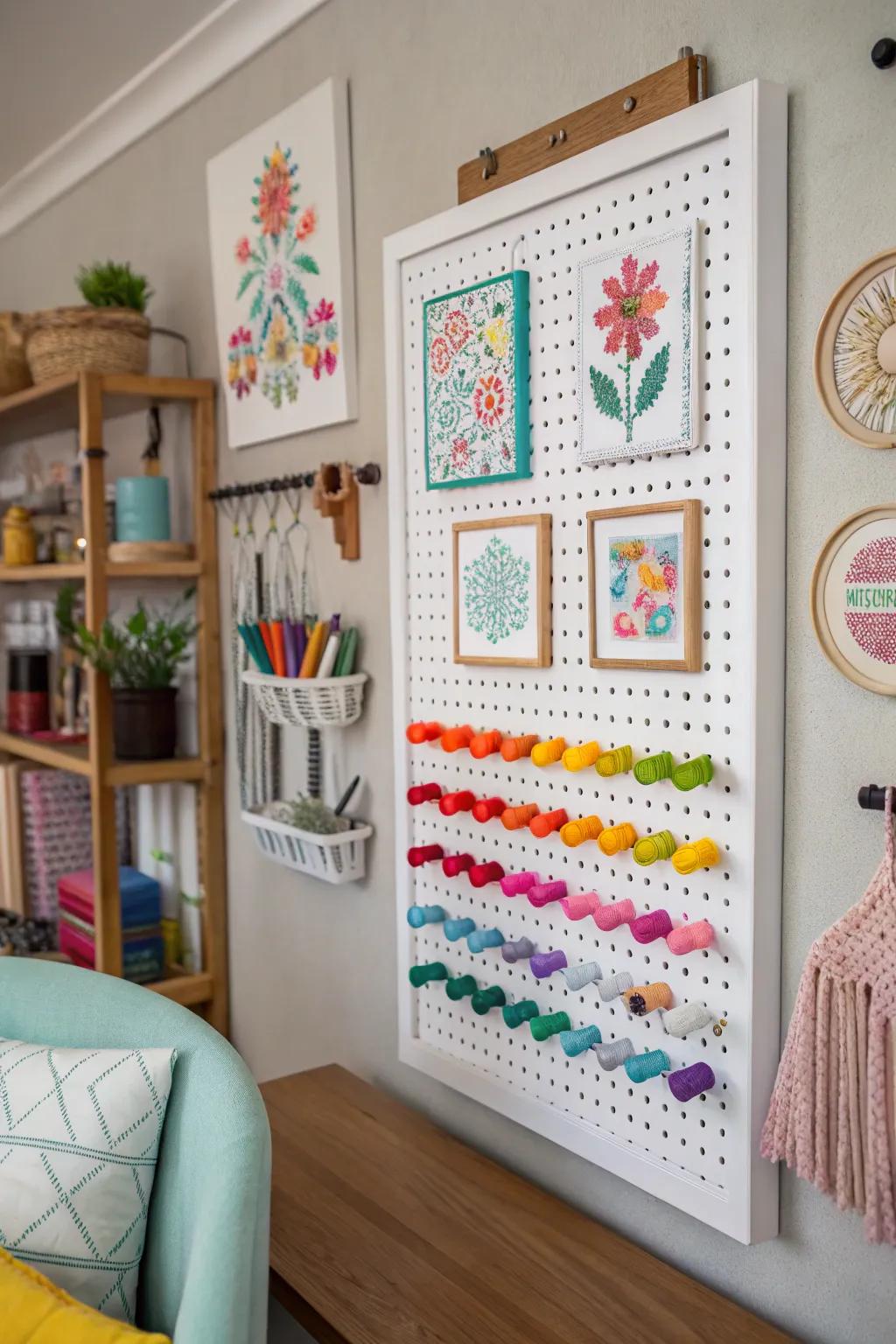 Pegboard displays make cross stitch pieces fun and flexible