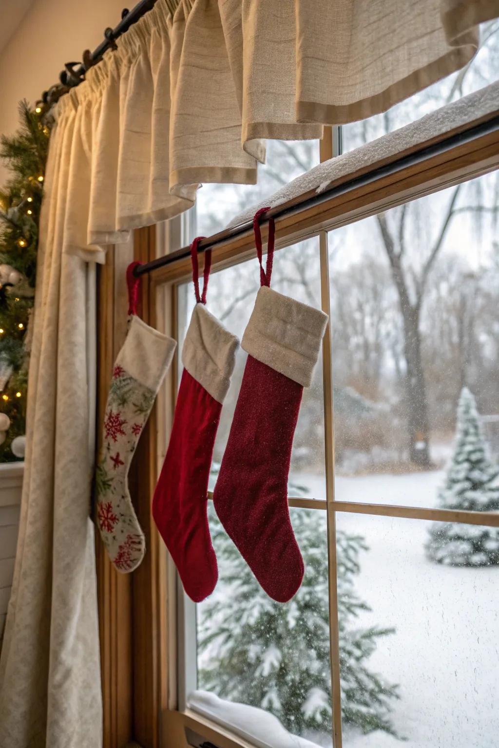 Curtain rods provide an unexpected yet charming place for stockings.