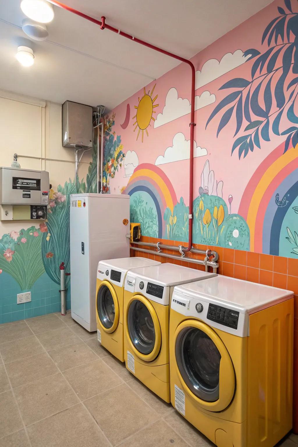 Wall murals add personality and distract from appliances.