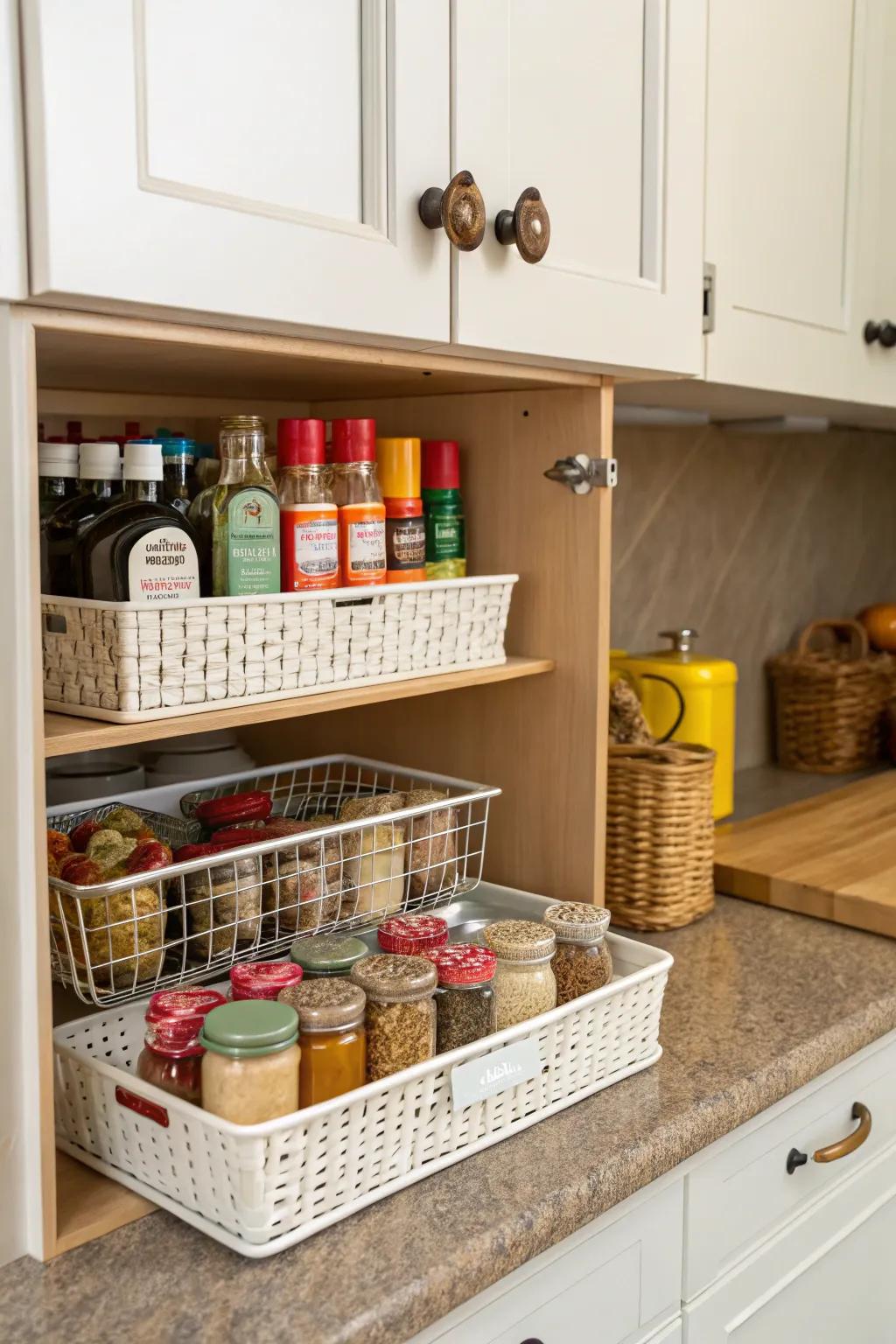 Under-shelf baskets add storage layers.