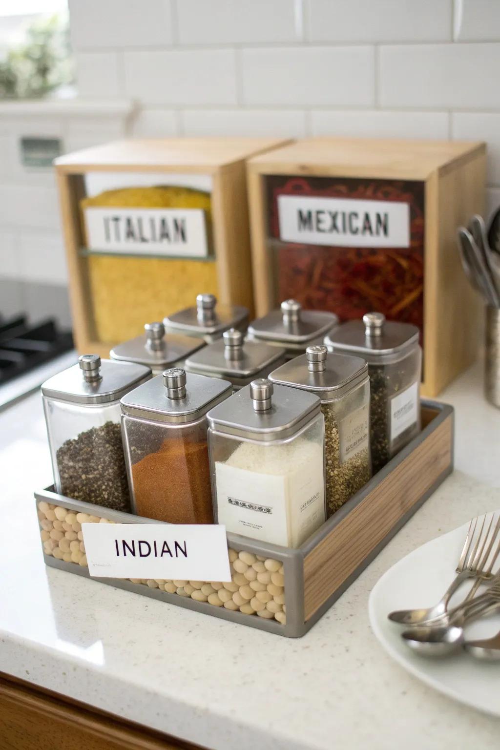 Cuisine-specific spice kits streamline your cooking process.