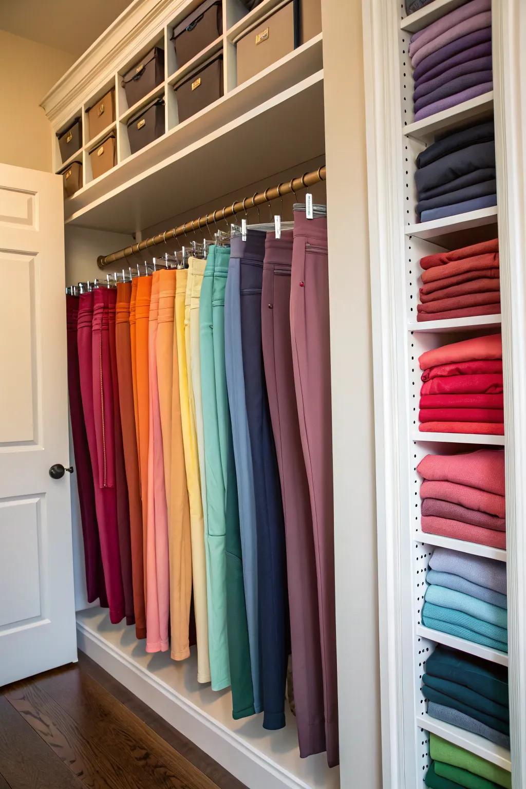 Add a splash of color with a color-coded leggings storage system.