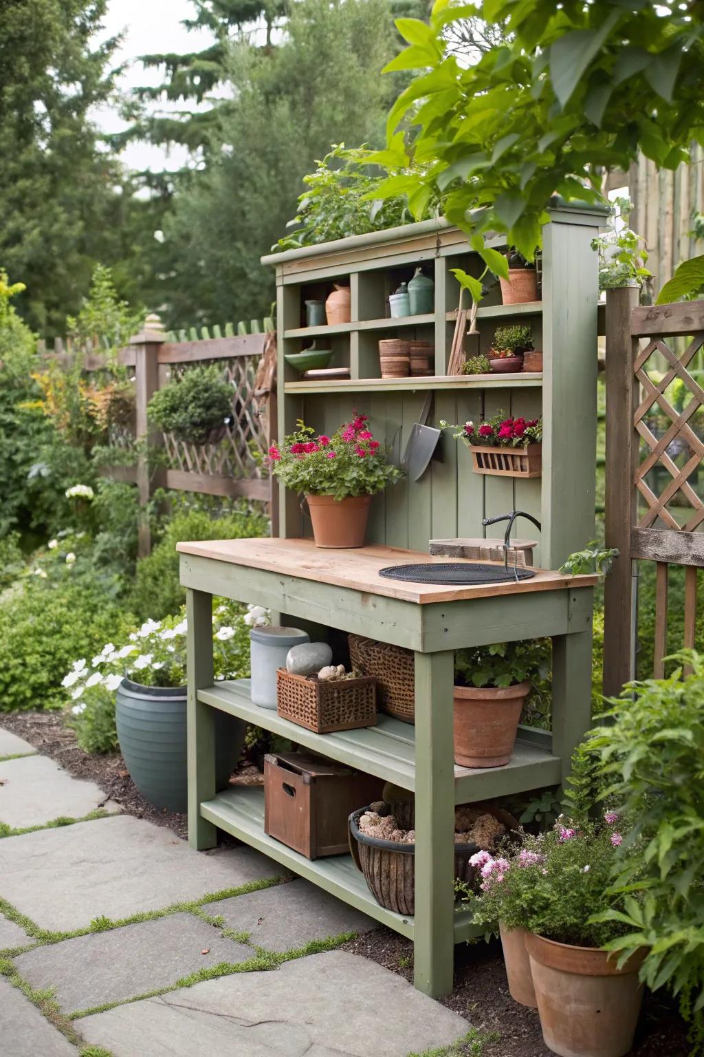 A potting bench provides both storage and a workspace.