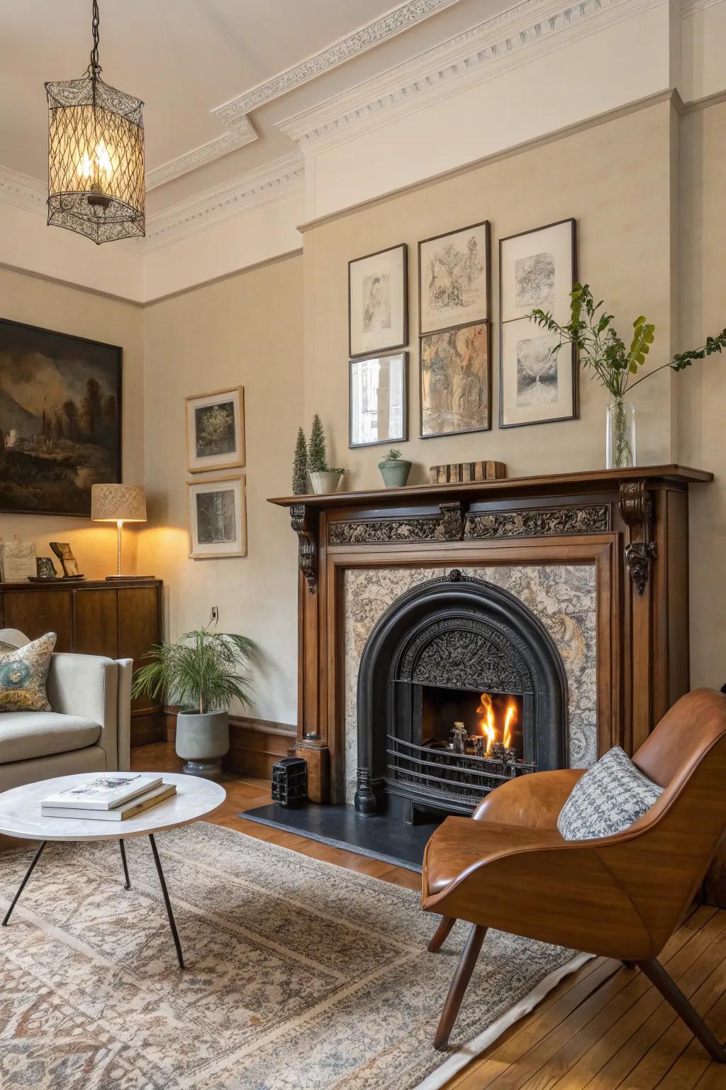 A living room showcasing a vintage fireplace surround paired with modern decor.