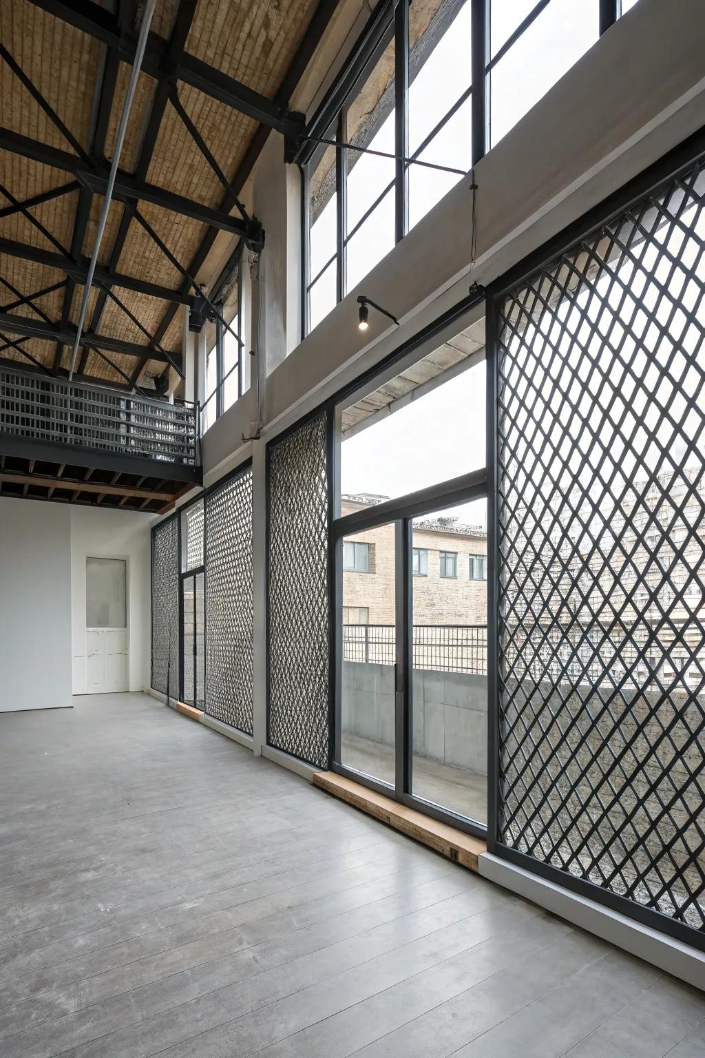 Metal lattice wall providing an industrial edge to the loft space.