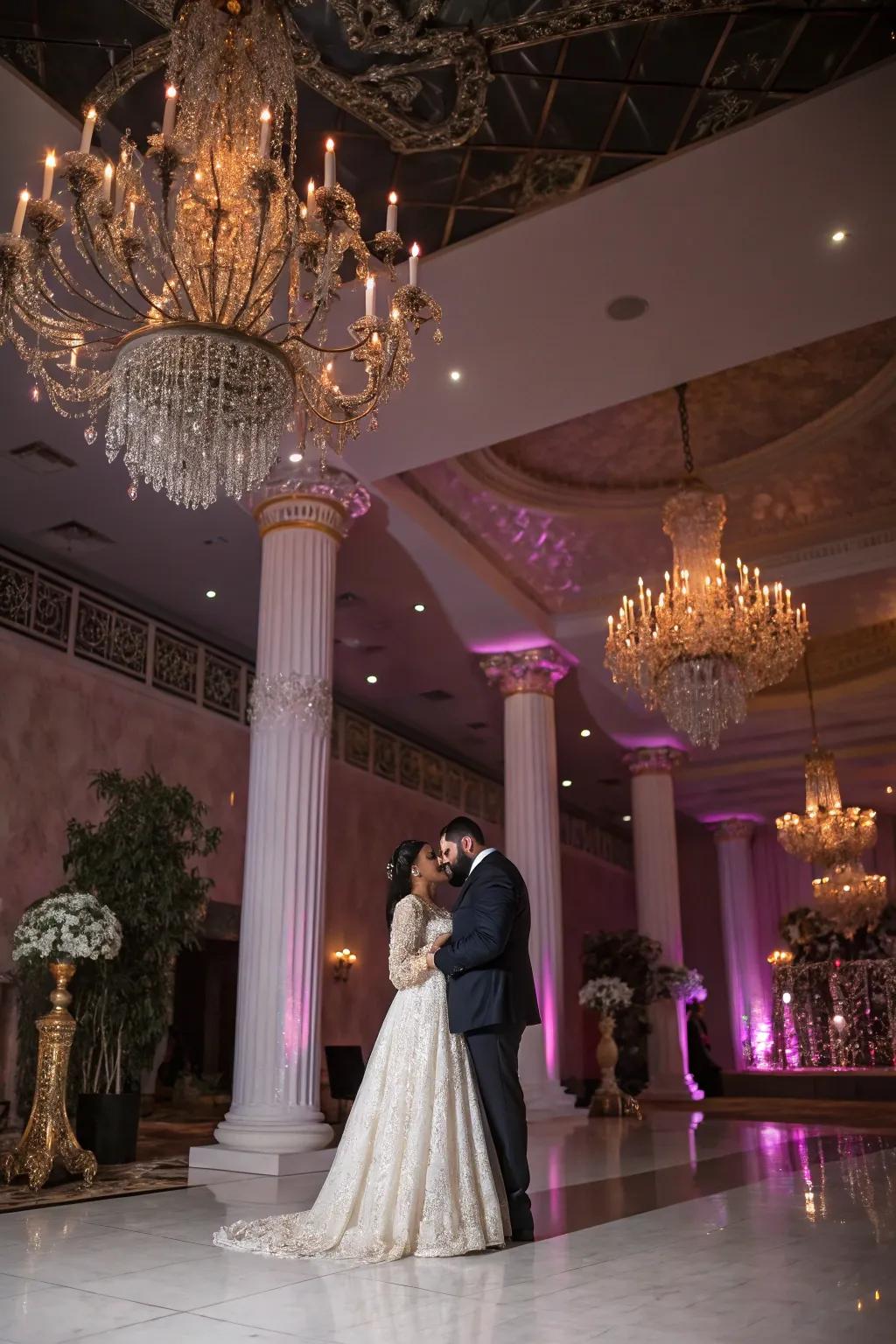 Highlighting venue elegance adds luxury to wedding photos.