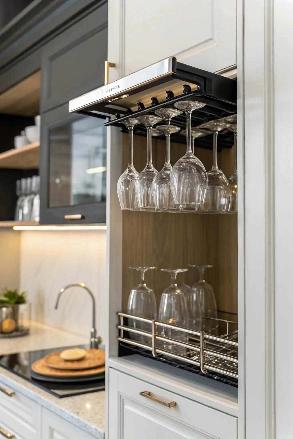 An under-cabinet wine glass rack adds elegance and saves space.