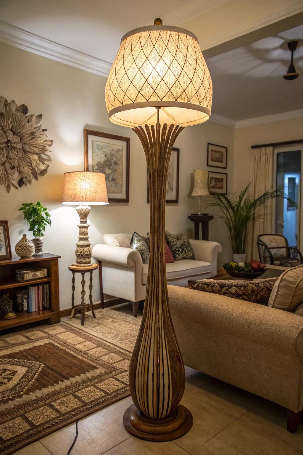 An oversized floor lamp making a statement in a living room.