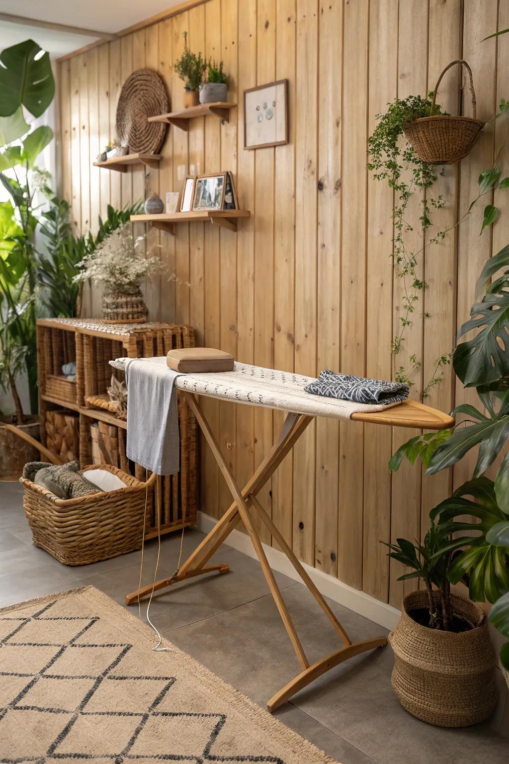 A wooden ironing board adding natural charm to a living space.