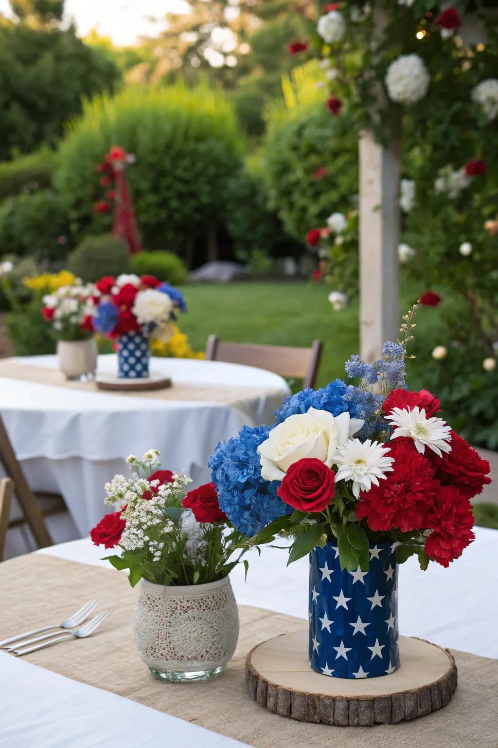 Patriotic centerpieces with red, white, and blue flowers.