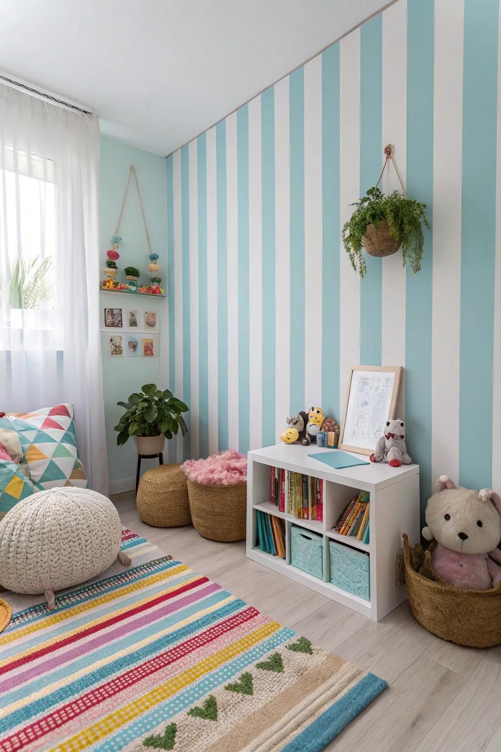 Stripes add height and a playful touch to the room.