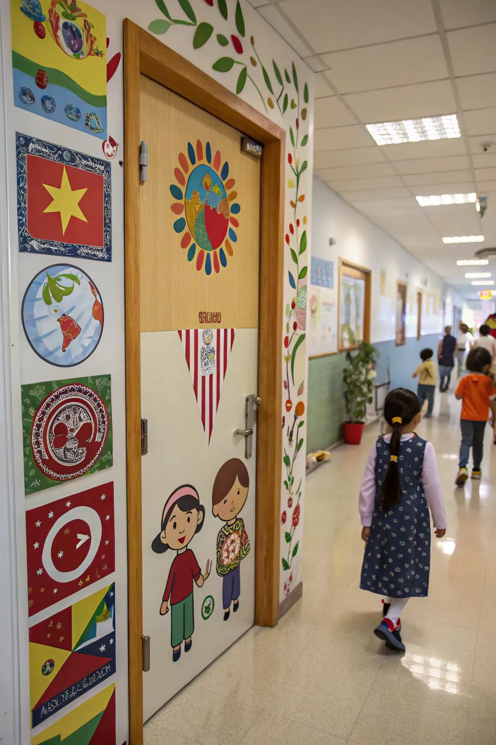 A kindergarten door with cultural symbols and diverse themes.