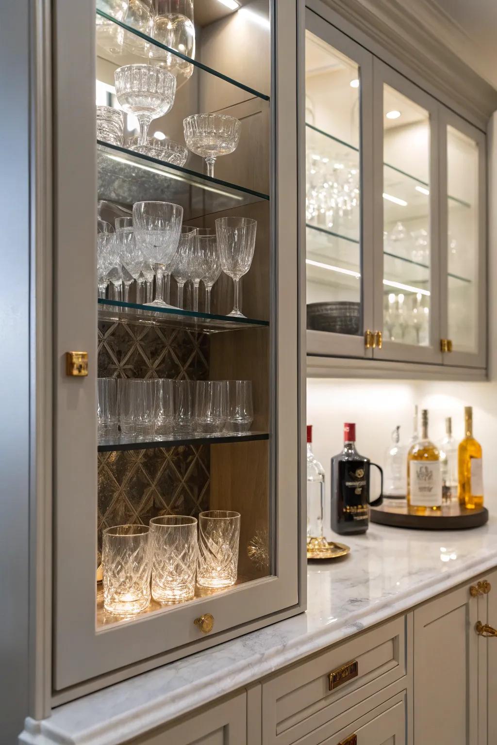 Glass doors add elegance and openness to this bar cabinet.