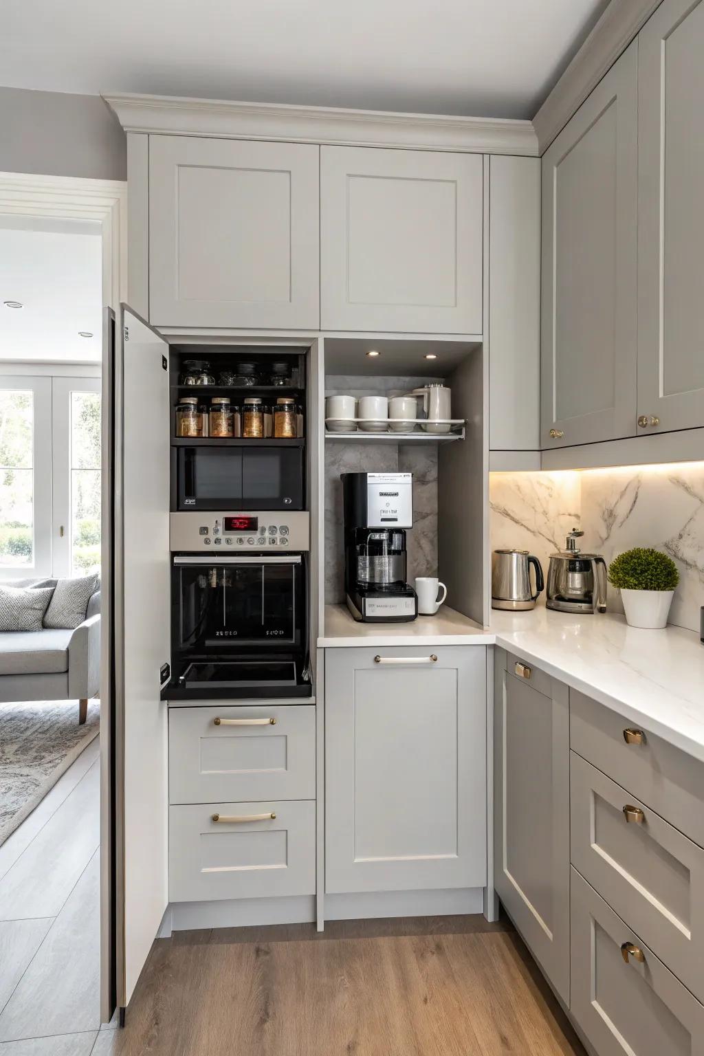 An appliance garage conceals clutter, maintaining a sleek look.