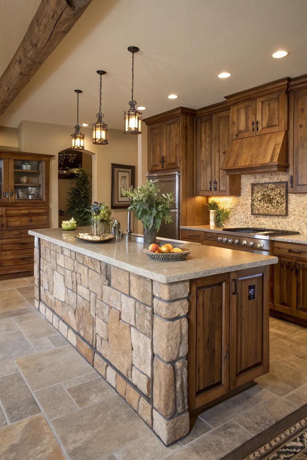 Natural wood and earthy tones create a serene and balanced look for this kitchen island.