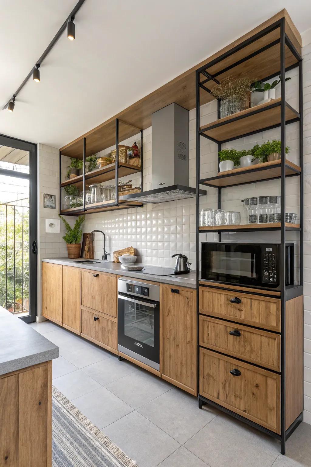 A modular approach with mixed shelving can create a dynamic kitchen environment.
