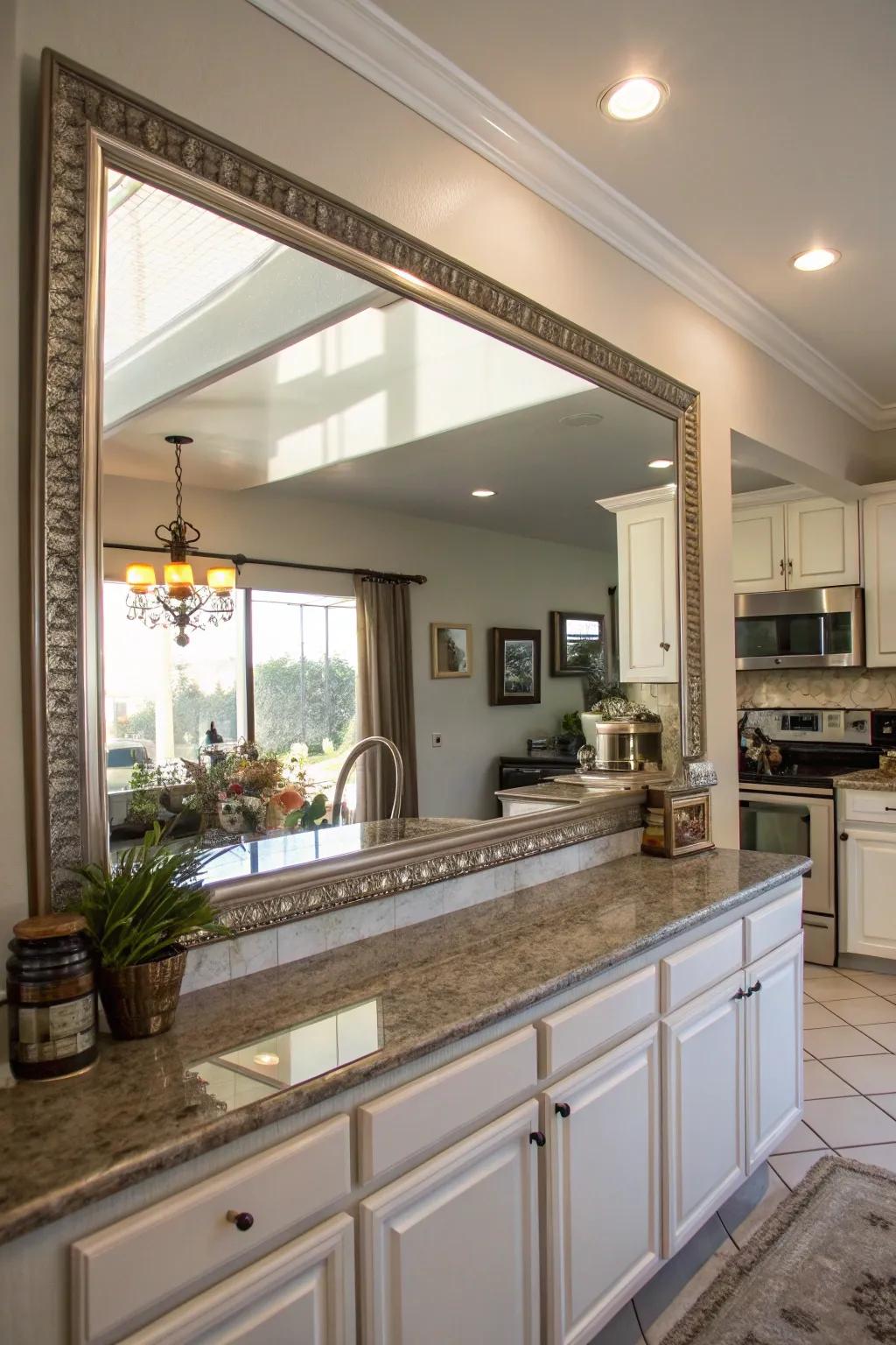 A kitchen with a large mirror, enhancing light and the sense of space.