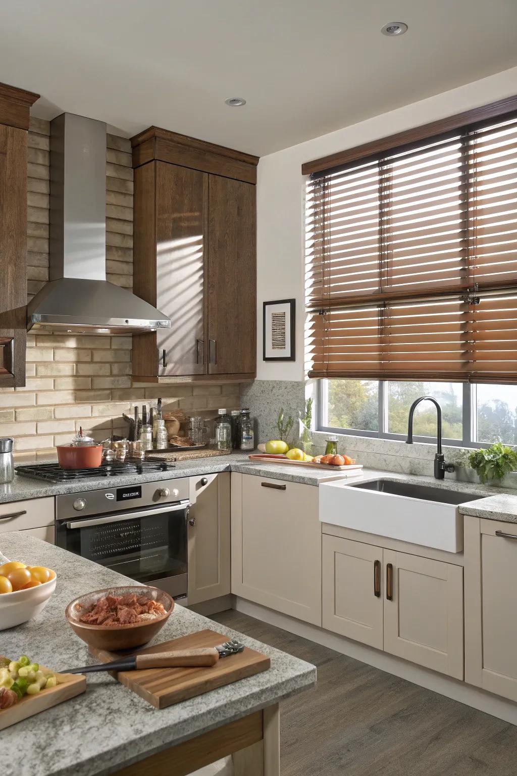 Faux wood blinds offer resilience and style ideal for kitchens.