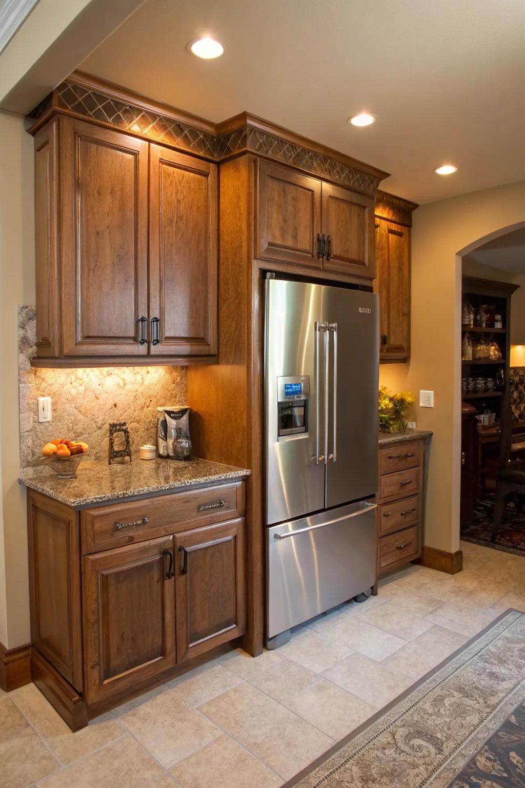 A fridge nestled within a cabinetry nook, providing a cozy and built-in appearance.