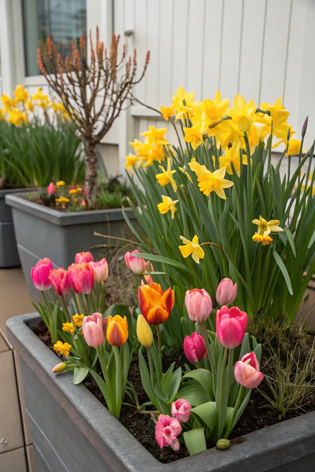 Tulips and daffodils in containers, offering flexible placement and vibrant colors.