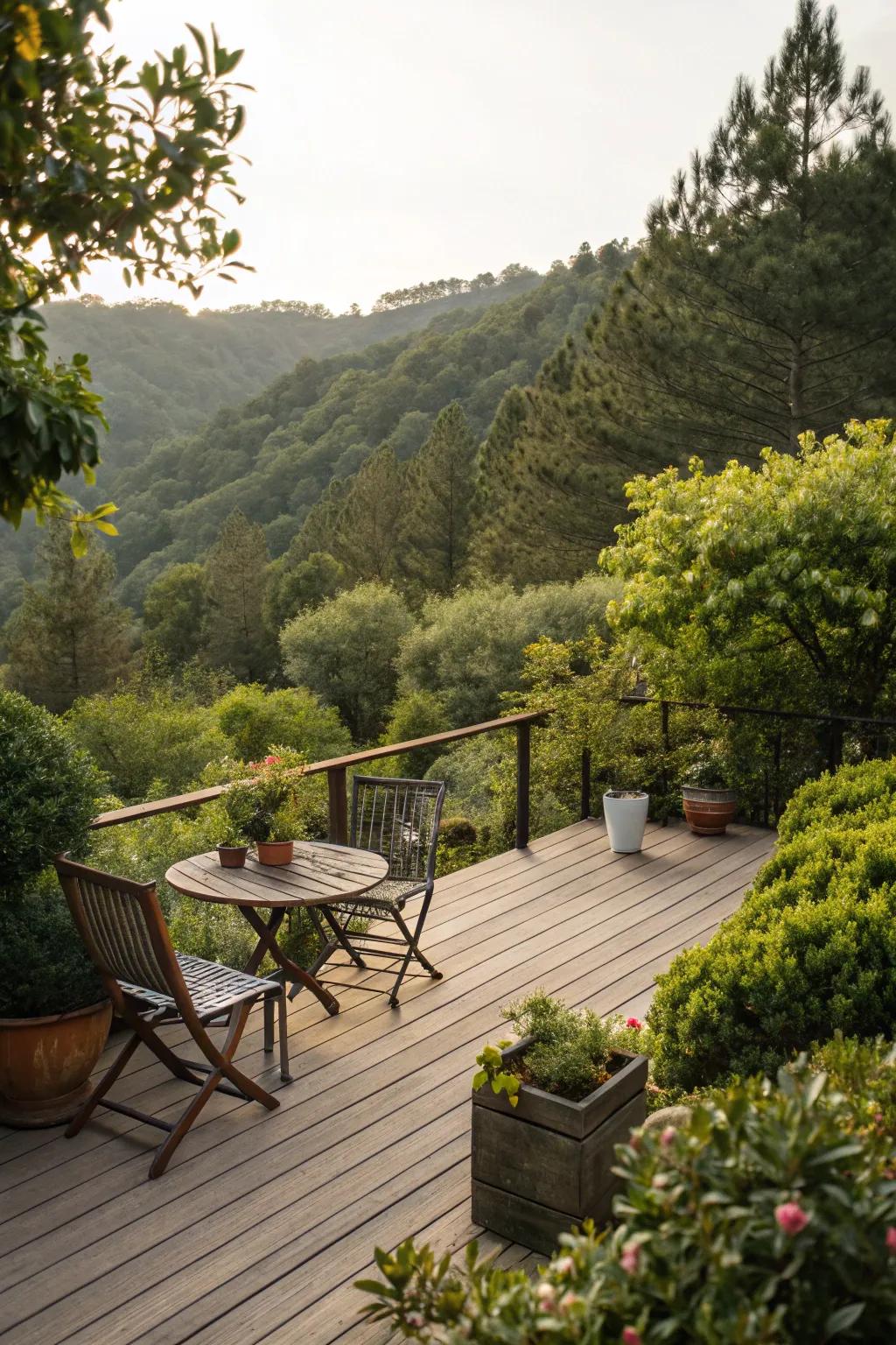 Greenery provides a natural, serene border for this inviting deck.