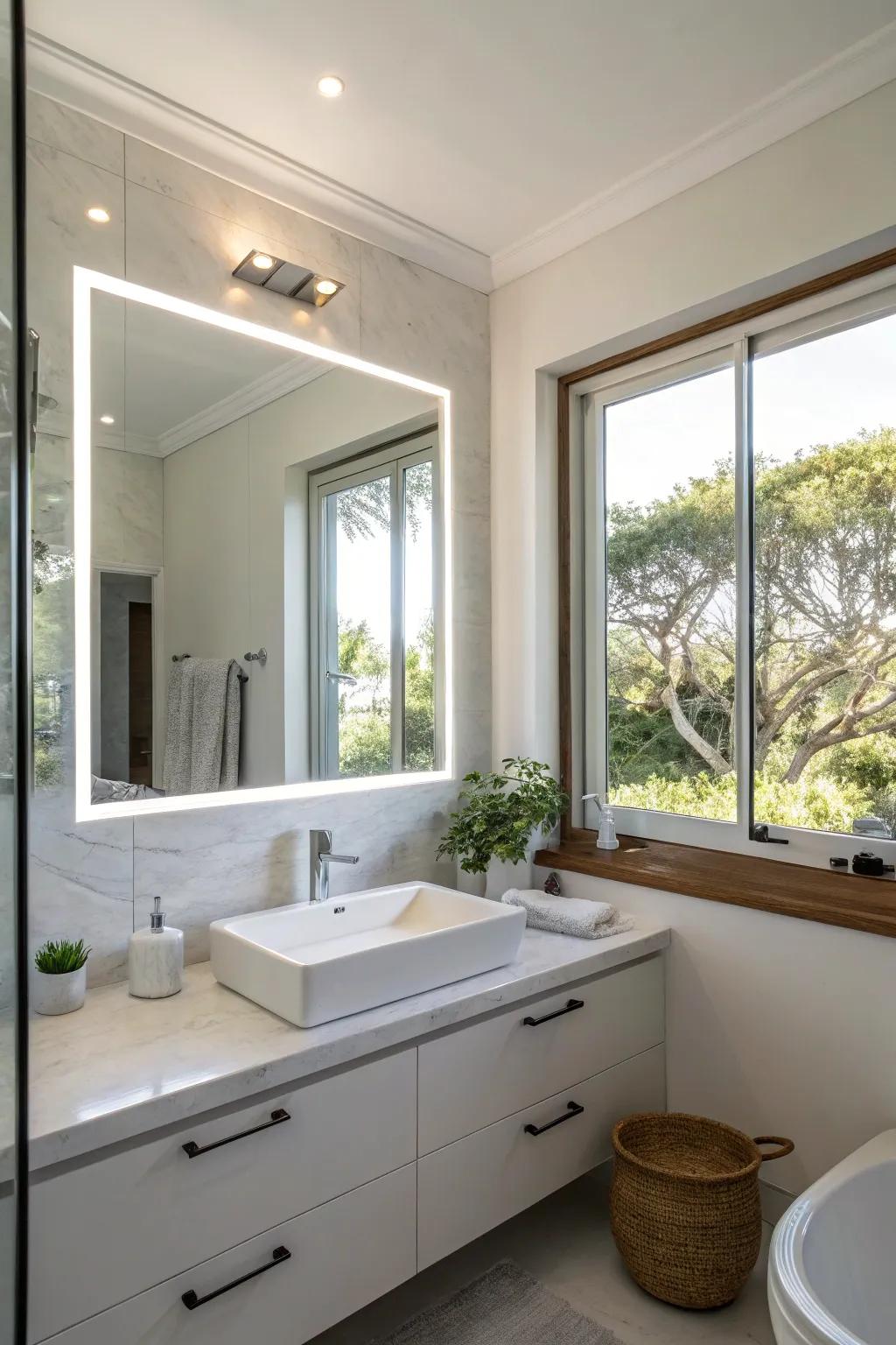 A bright bathroom featuring an LED mirror positioned to capture natural light.
