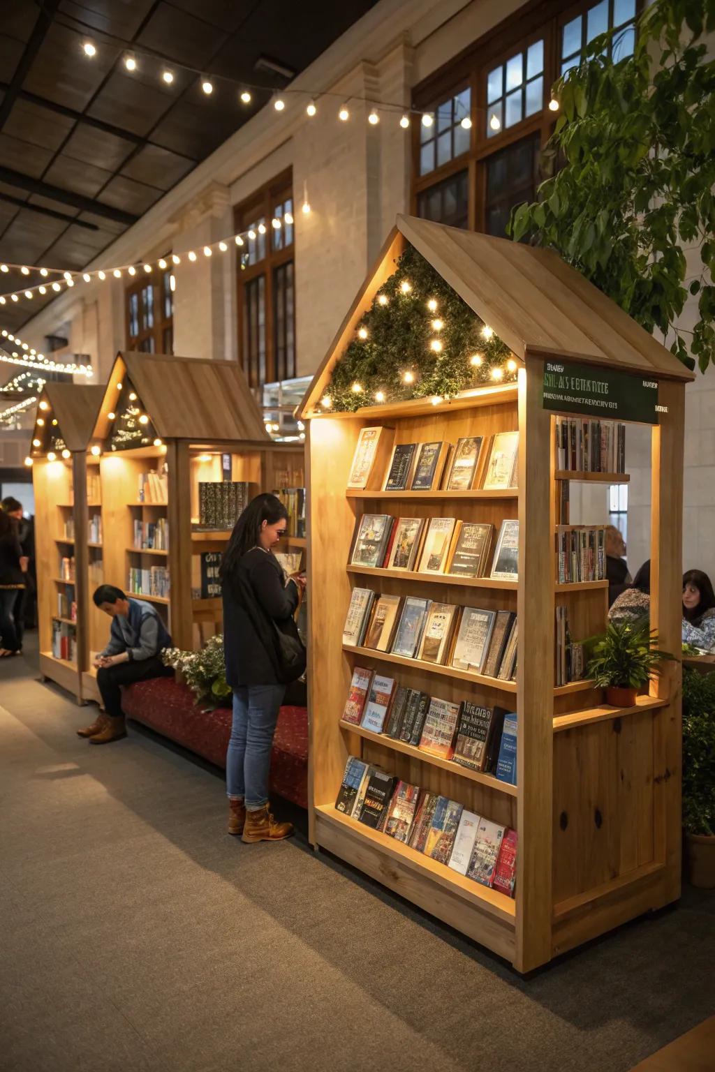 A library with a themed book display that captivates visitors.