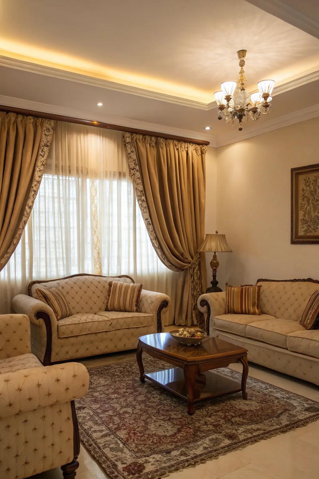 Coordinating curtains with furniture upholstery creates a unified living space.