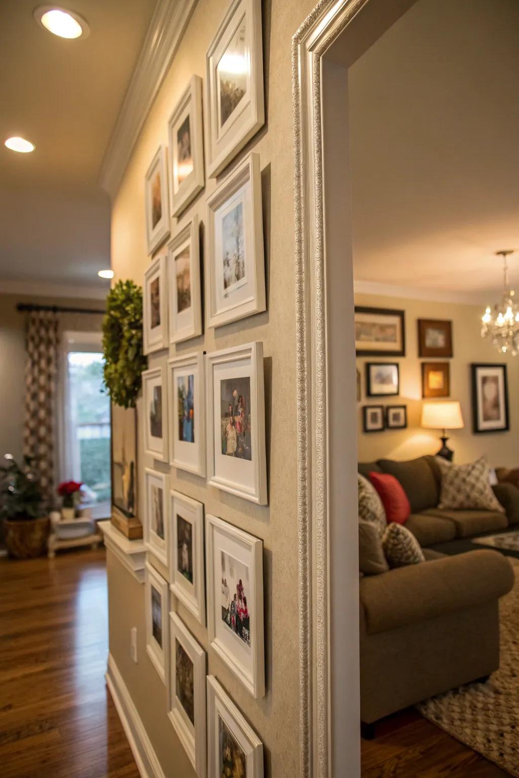 Use vertical lines to create an illusion of height on your photo wall.