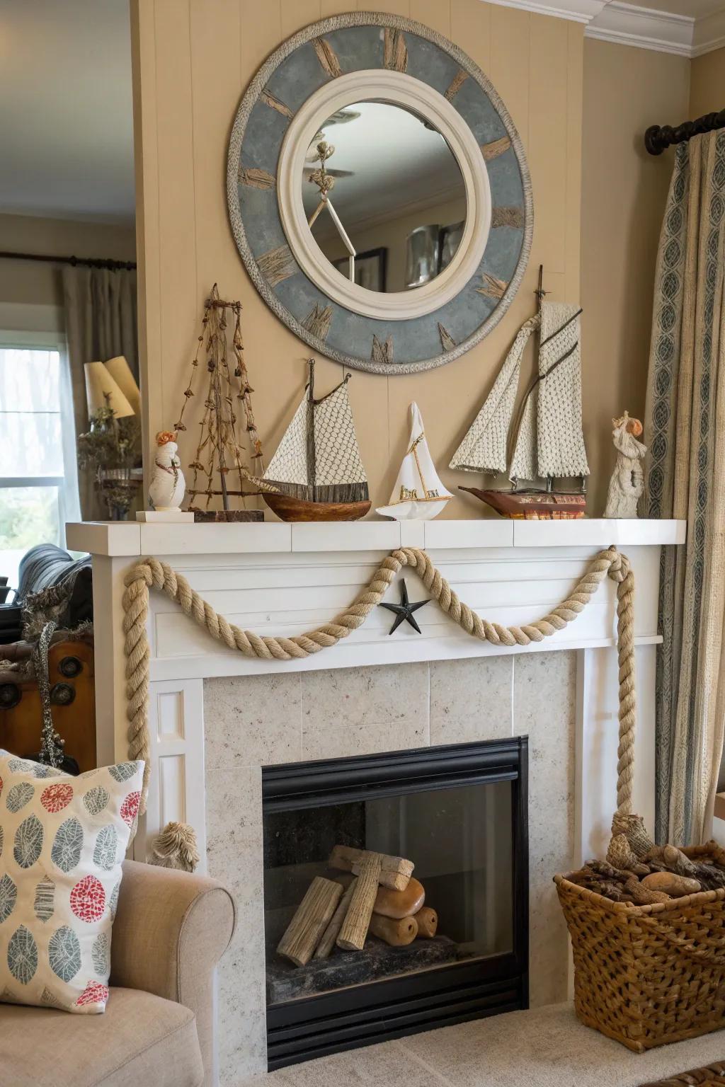 A living room fireplace adorned with a porthole mirror, enhancing the decor.