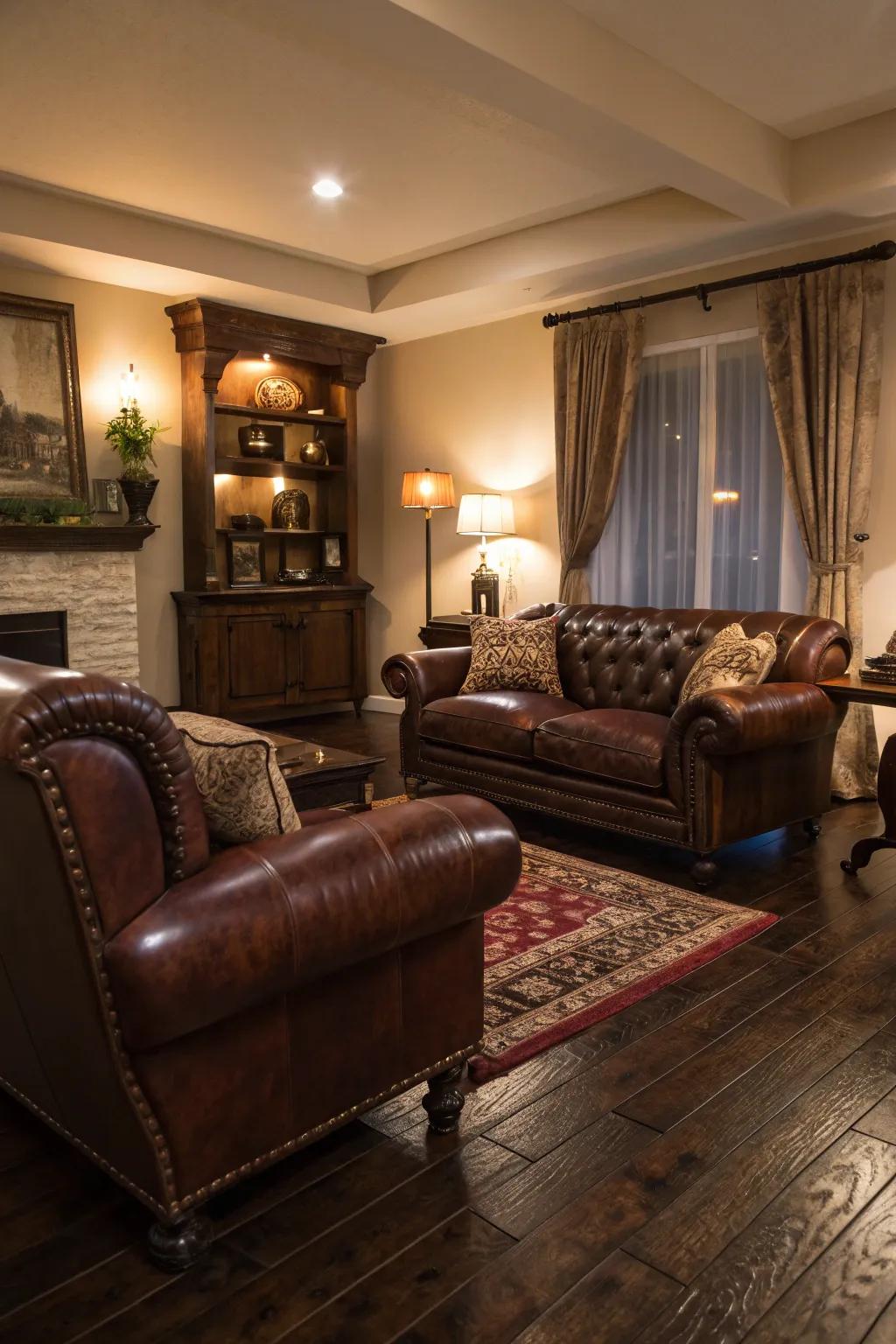 Leather furniture adds luxury to spaces with dark wood floors.