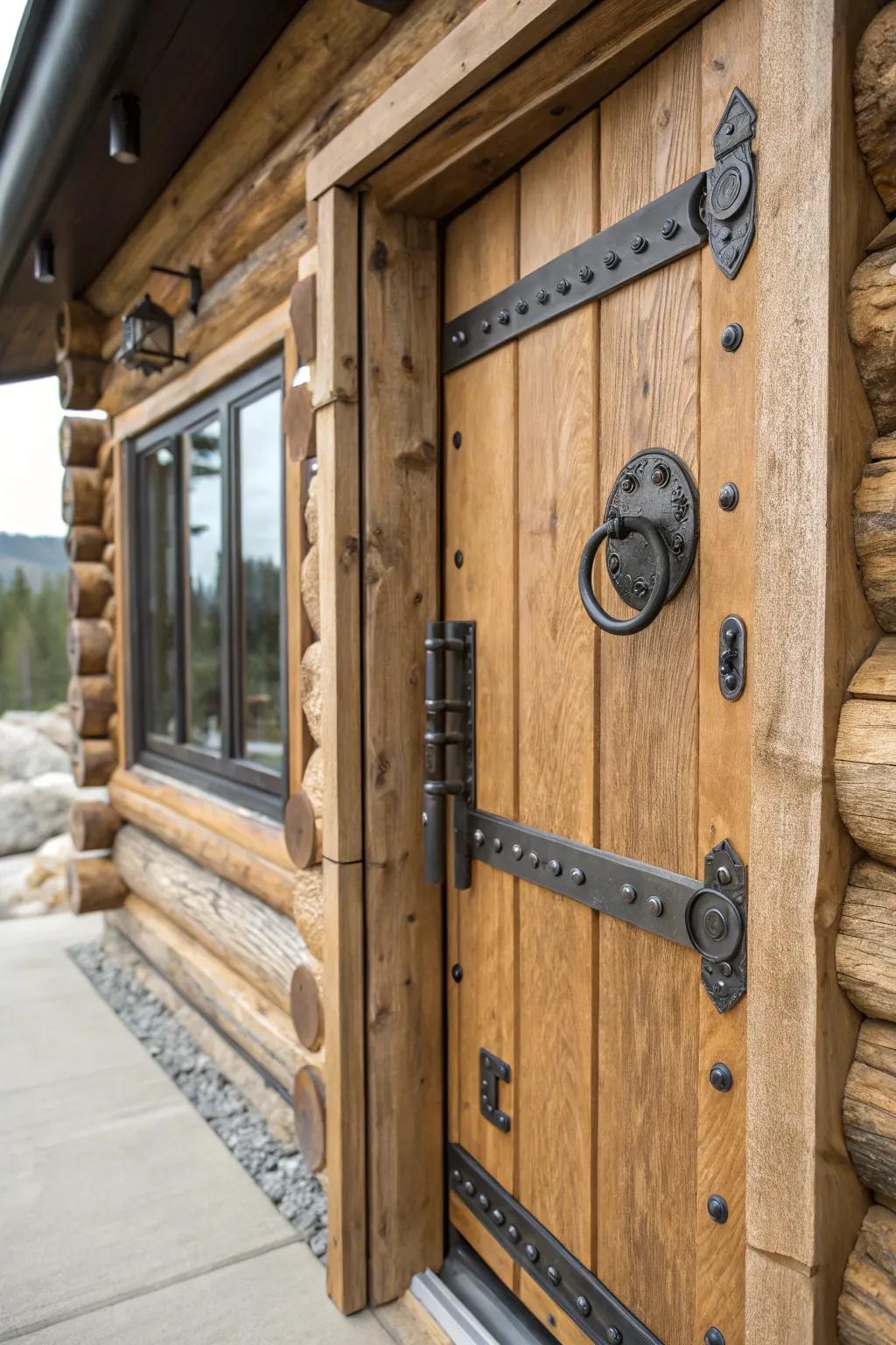 Log cabin door featuring industrial metal elements.