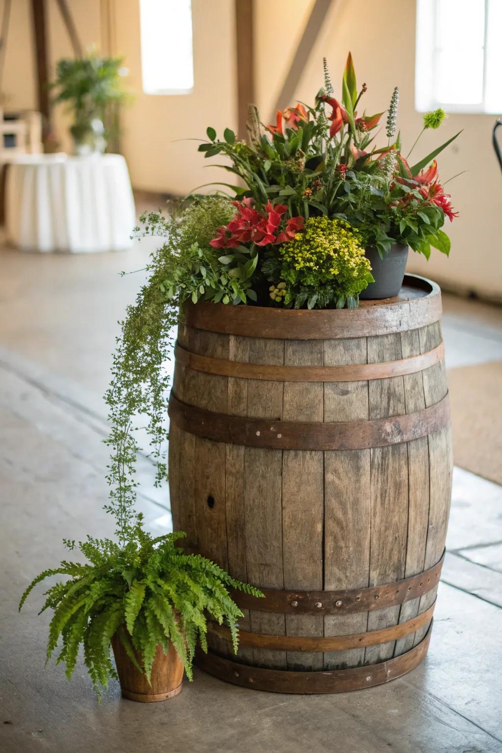 Wooden barrels add rustic charm and versatility.