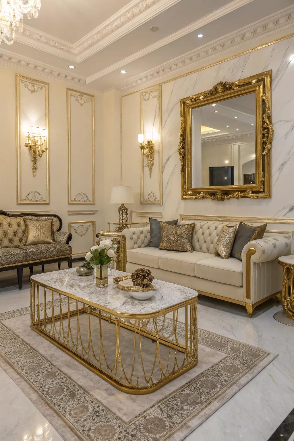 The timeless combination of marble and gold exudes luxury in this living room.