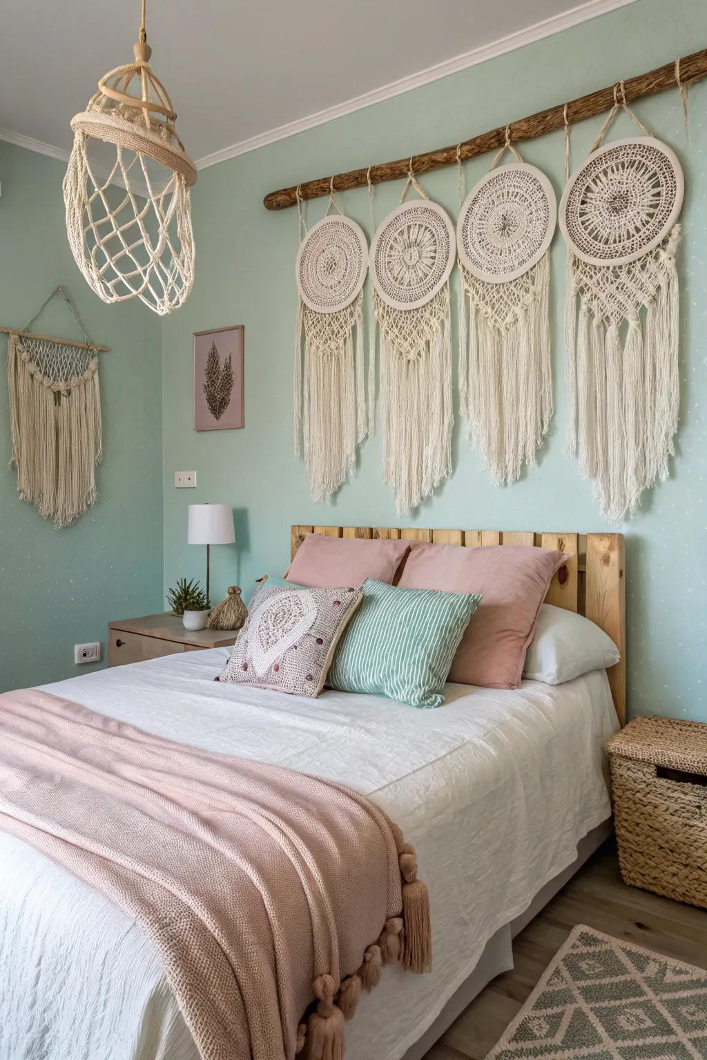 Macrame dream catchers creating a serene atmosphere.