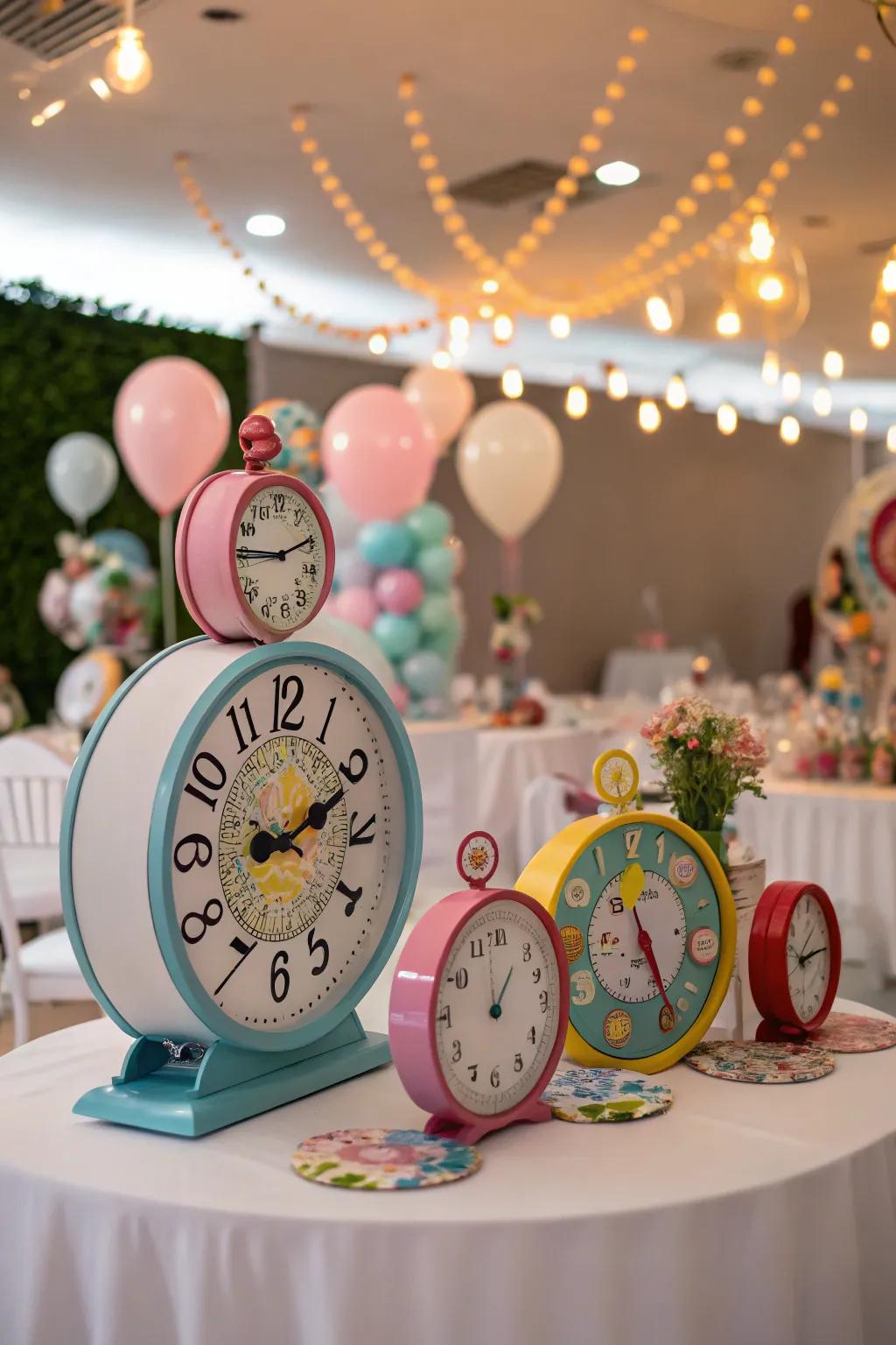 Clocks used as whimsical centerpieces add a nod to the Mad Hatter's time obsession.