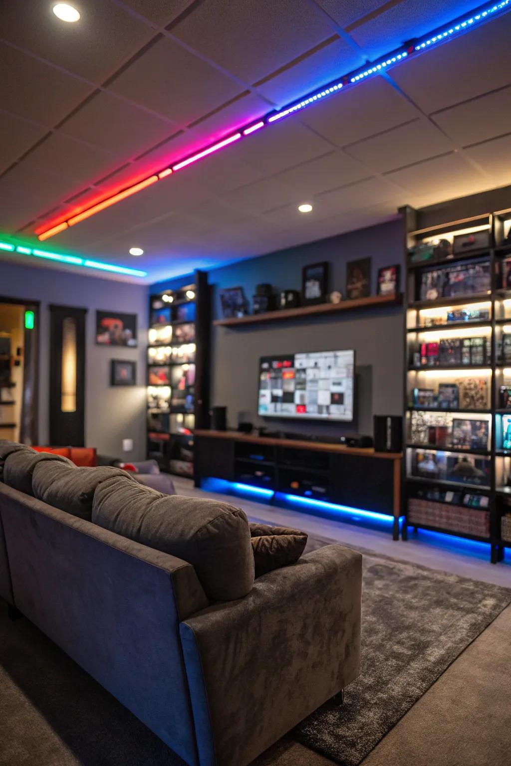 LED lighting adds a modern touch to the man cave.