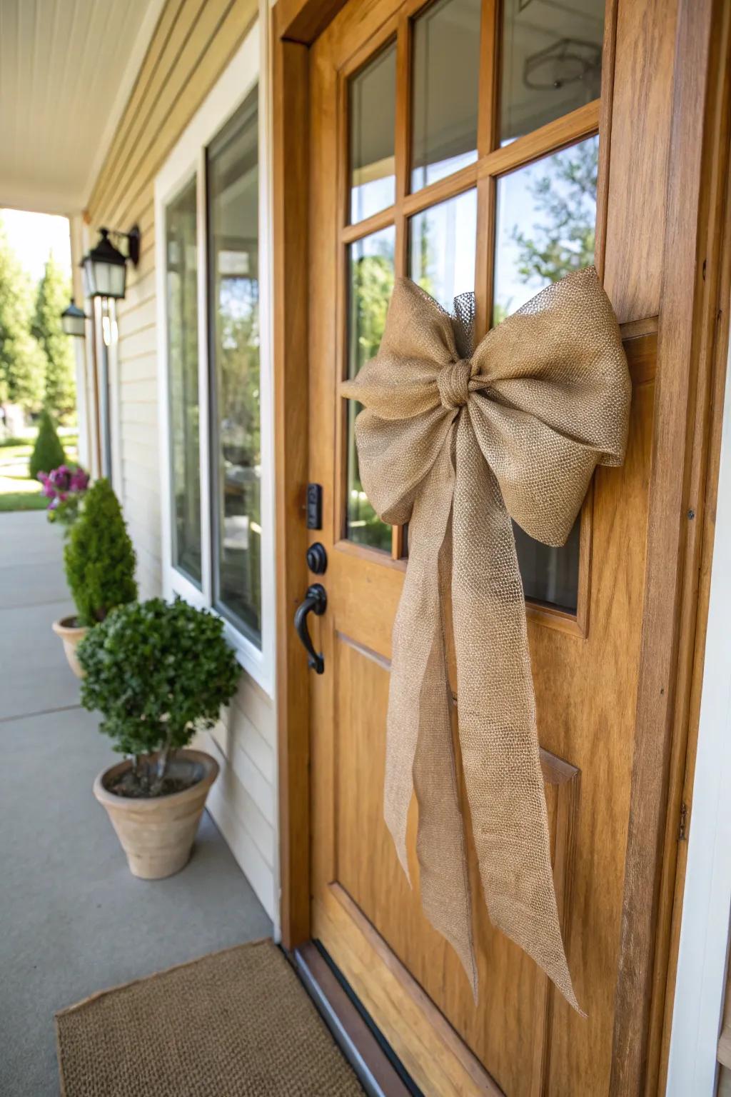 A burlap bow adds rustic charm and elegance.