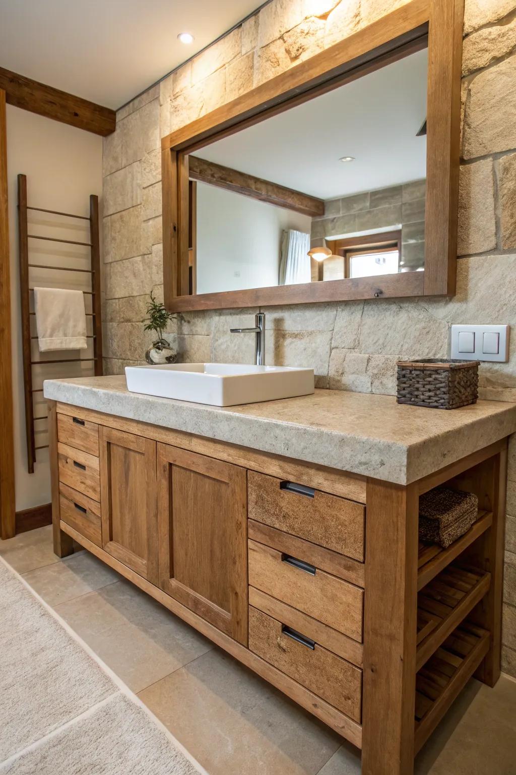 A bathroom vanity made from natural stone and wood, offering warmth and texture.