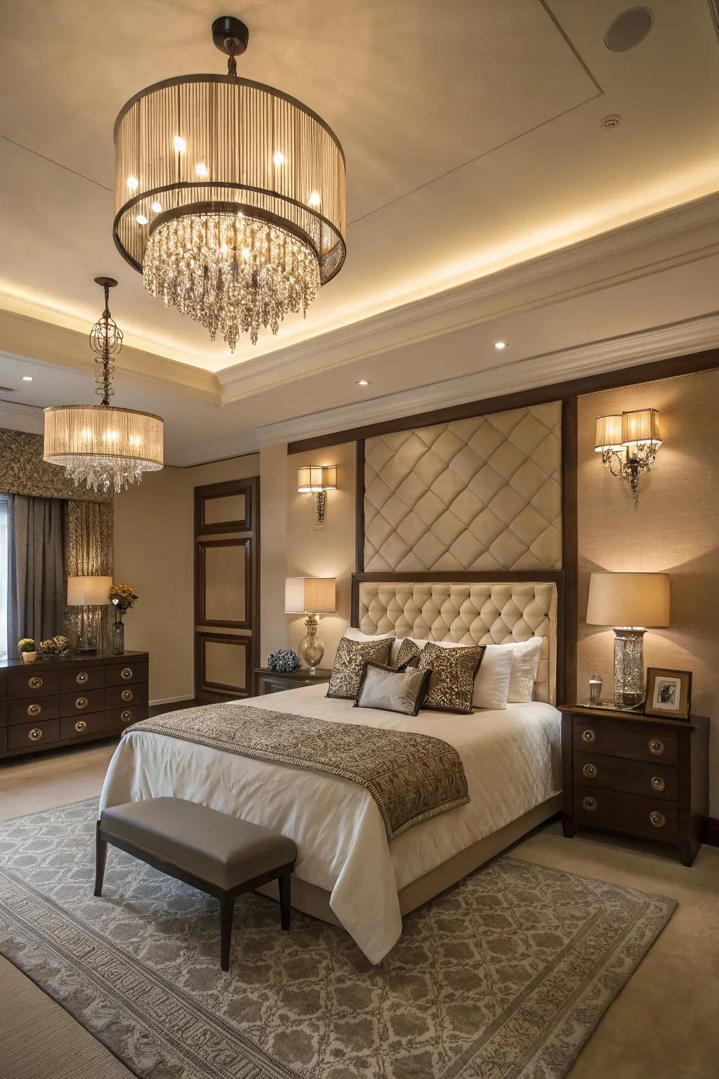 Layered lighting adds depth and functionality to the bedroom.