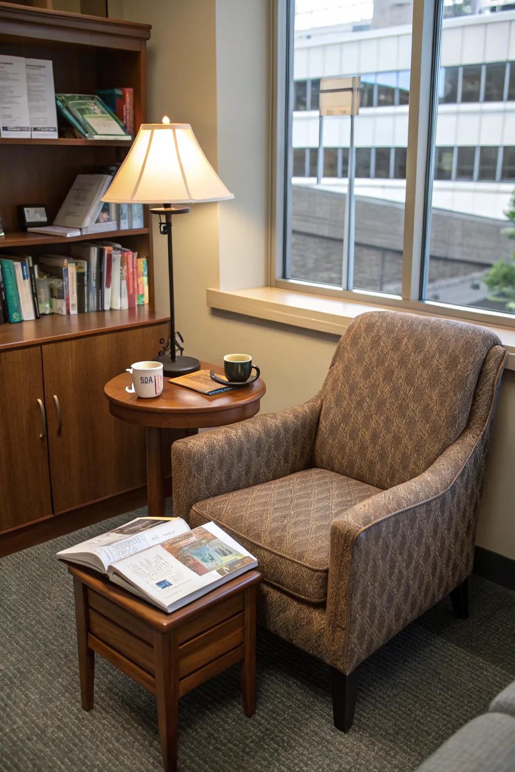 A reading nook offers a comfortable escape within your office.