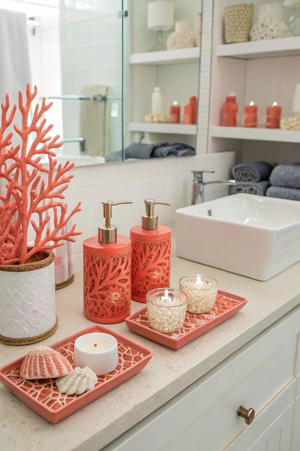 Coral accents add depth and texture to a mermaid bathroom.