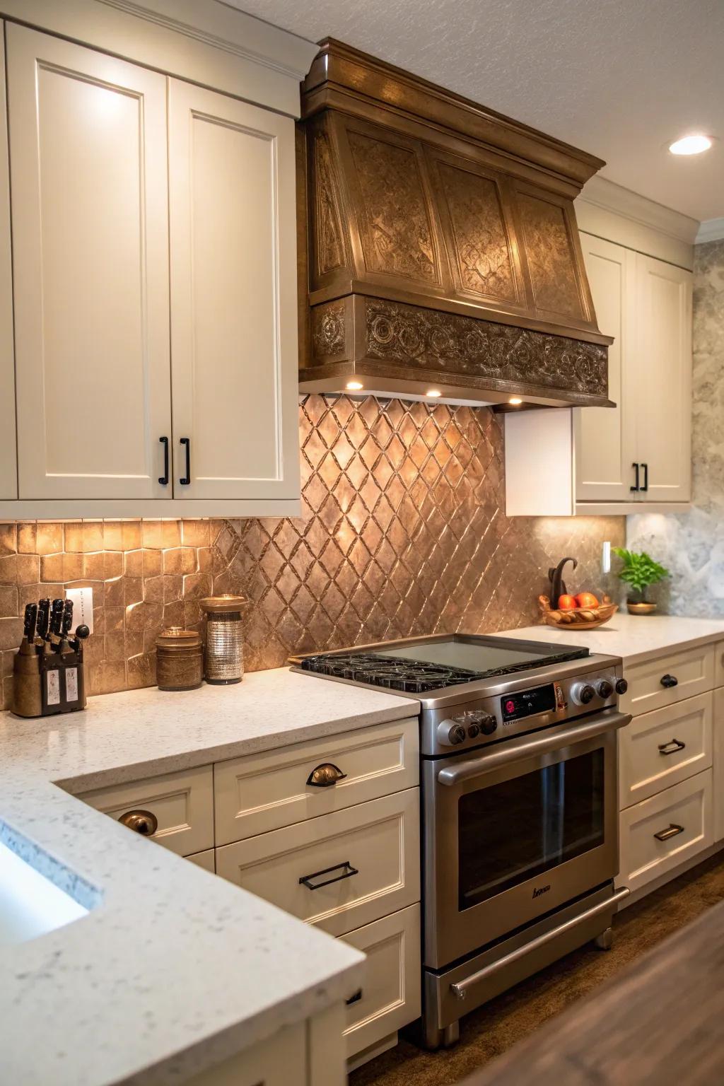 A kitchen showcasing a warm bronze metal backsplash.