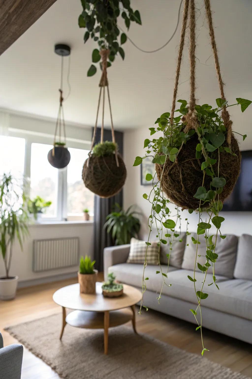 A striking display of kokedama plants suspended in a living room.