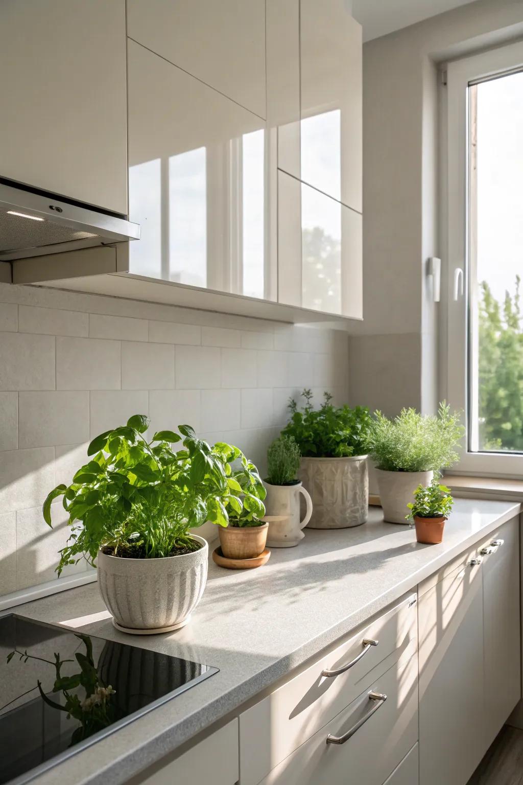 Greenery adding a refreshing touch to a minimalist kitchen.