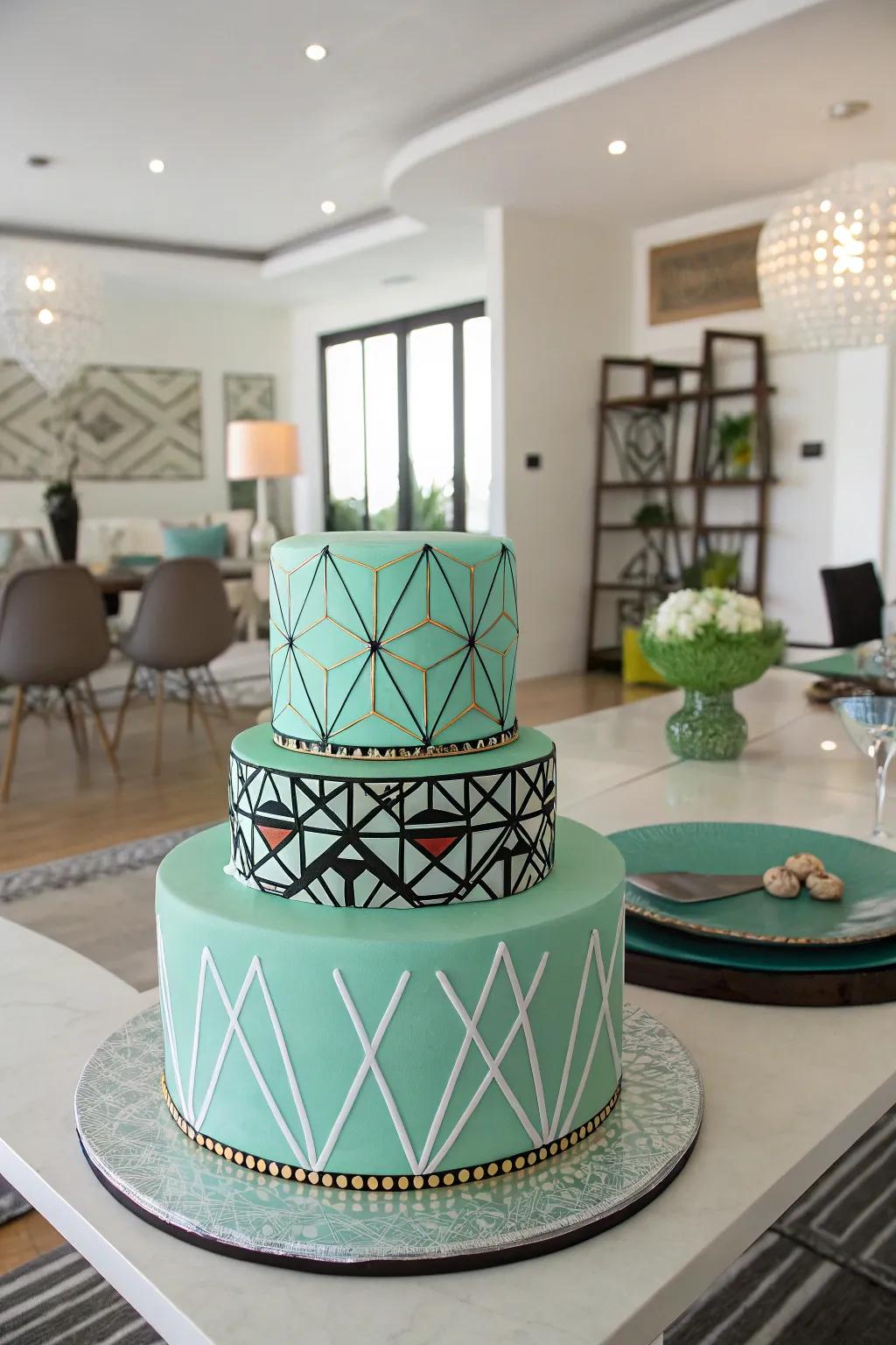 A mint green cake with modern geometric patterns.