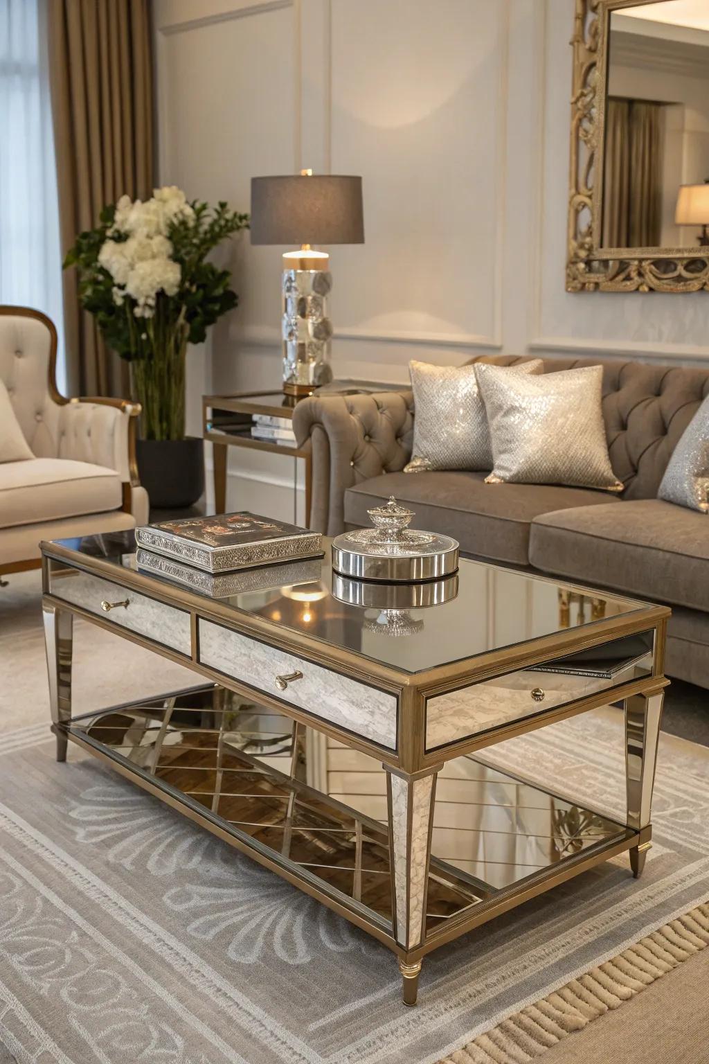 Mirrored furniture enhances light and glam in the room.