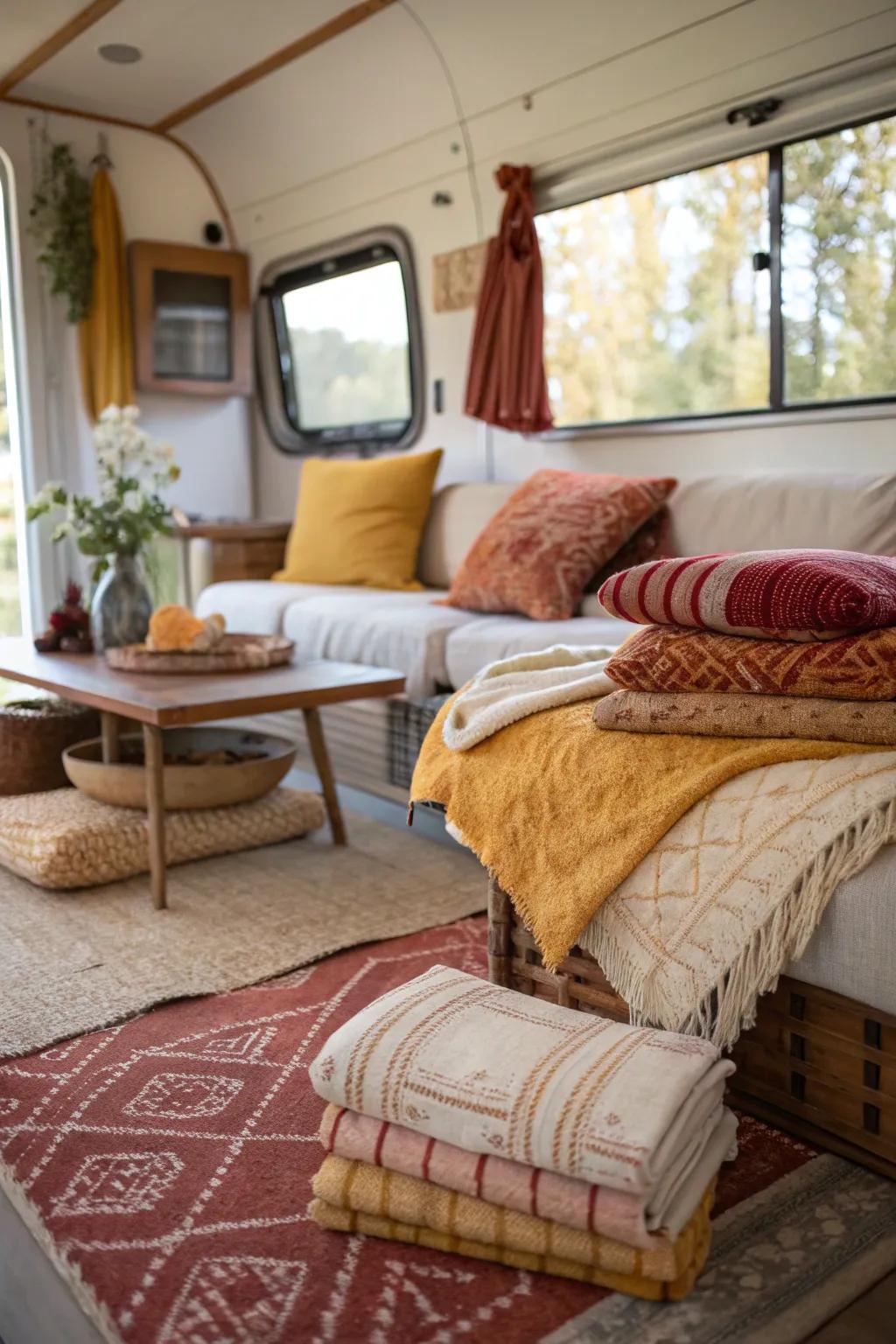 Experimenting with textiles can add warmth and character to your mobile home.